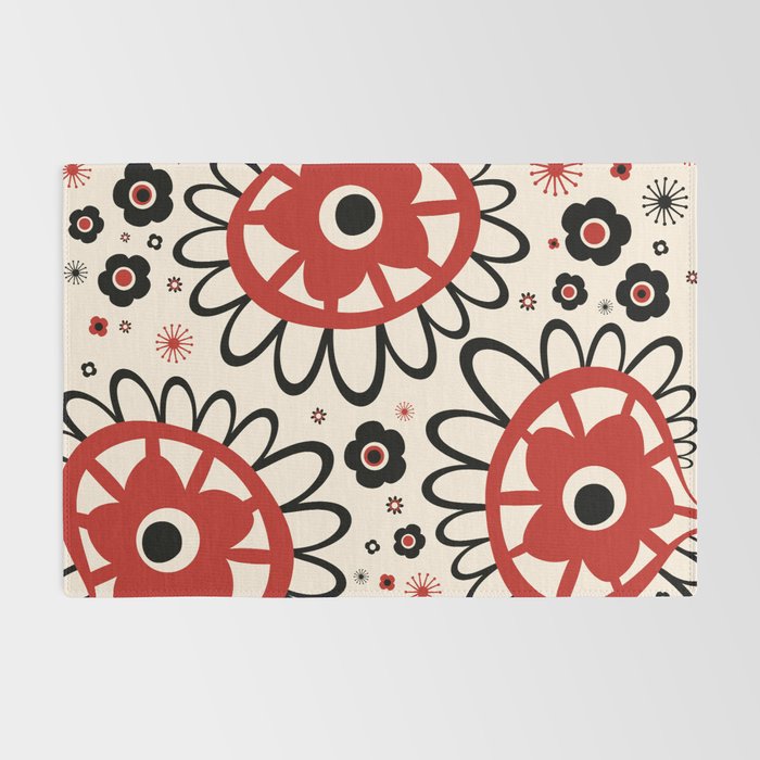 Dulcie Flowers Mid Century Modern Floral Abstract Pattern Red Black Cream Rug Gallery Image 2
