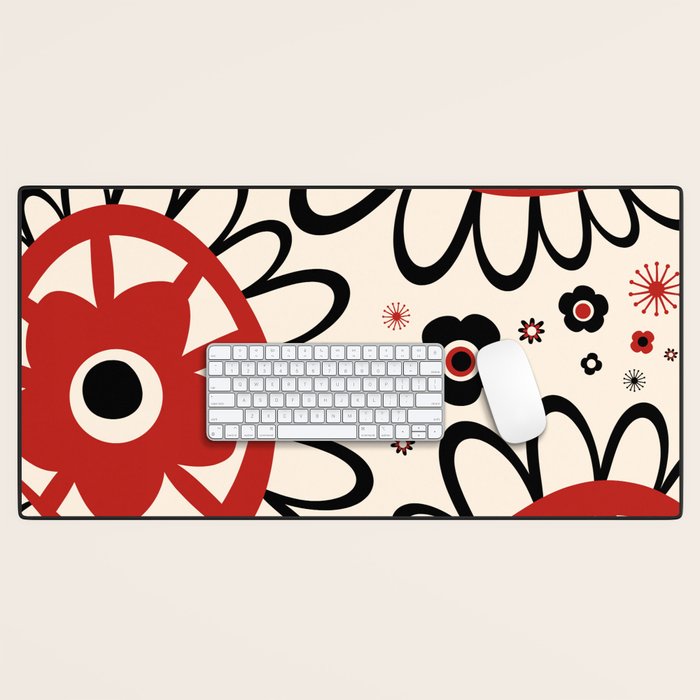 Dulcie Flowers Mid Century Modern Floral Abstract Pattern Red Black Cream Desk Mat Gallery Image 1