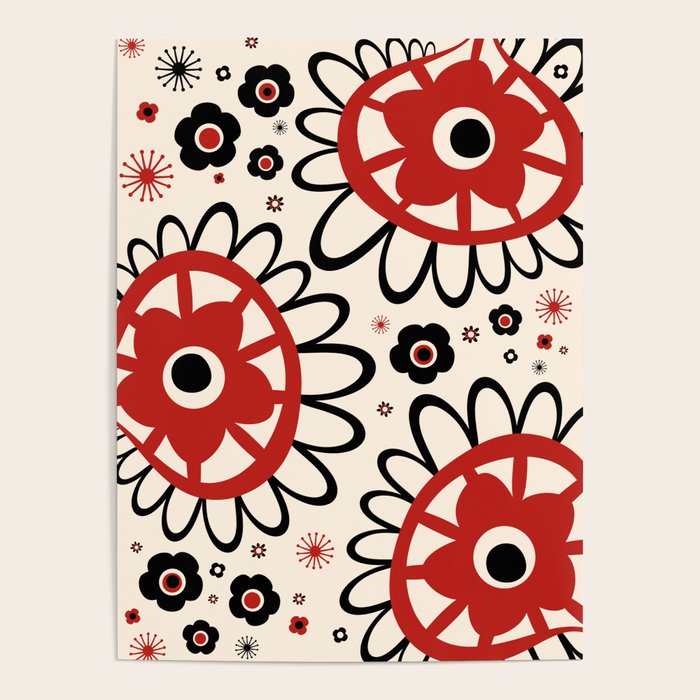 Dulcie Flowers Mid Century Modern Floral Abstract Pattern Red Black Cream Poster Gallery Image 4