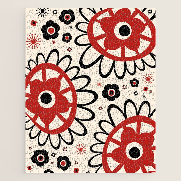 Dulcie Flowers Mid Century Modern Floral Abstract Pattern Red Black Cream Jigsaw Puzzle Gallery Image 1