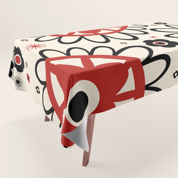 Dulcie Flowers Mid Century Modern Floral Abstract Pattern Red Black Cream Tablecloth Gallery Image 1