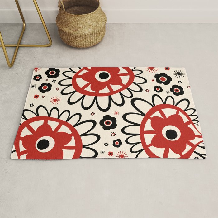 Dulcie Flowers Mid Century Modern Floral Abstract Pattern Red Black Cream Rug Gallery Image 1