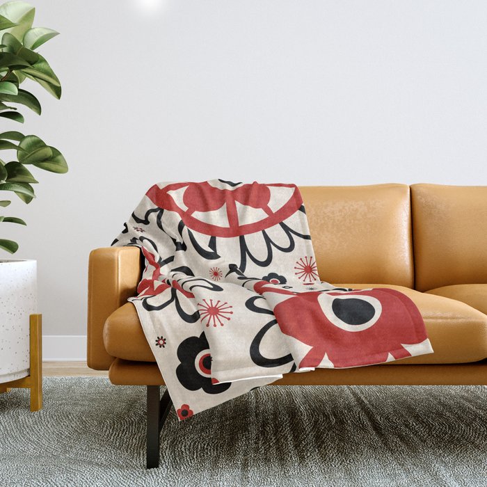 Dulcie Flowers Mid Century Modern Floral Abstract Pattern Red Black Cream Throw Blanket Gallery Image 1