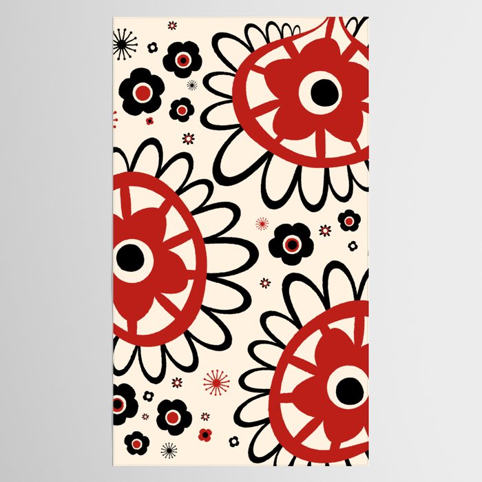 Dulcie Flowers Mid Century Modern Floral Abstract Pattern Red Black Cream Tablecloth Gallery Image 2