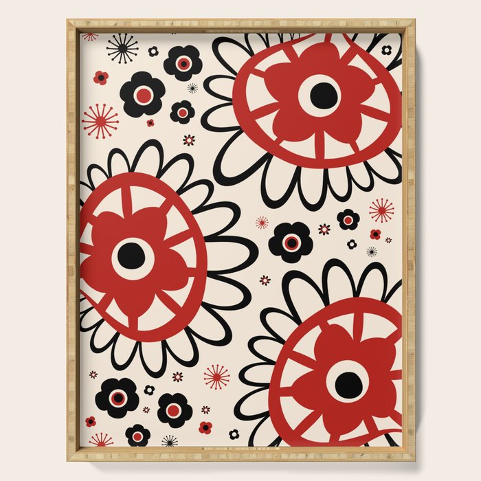 Dulcie Flowers Mid Century Modern Floral Abstract Pattern Red Black Cream Serving Tray Gallery Image 1