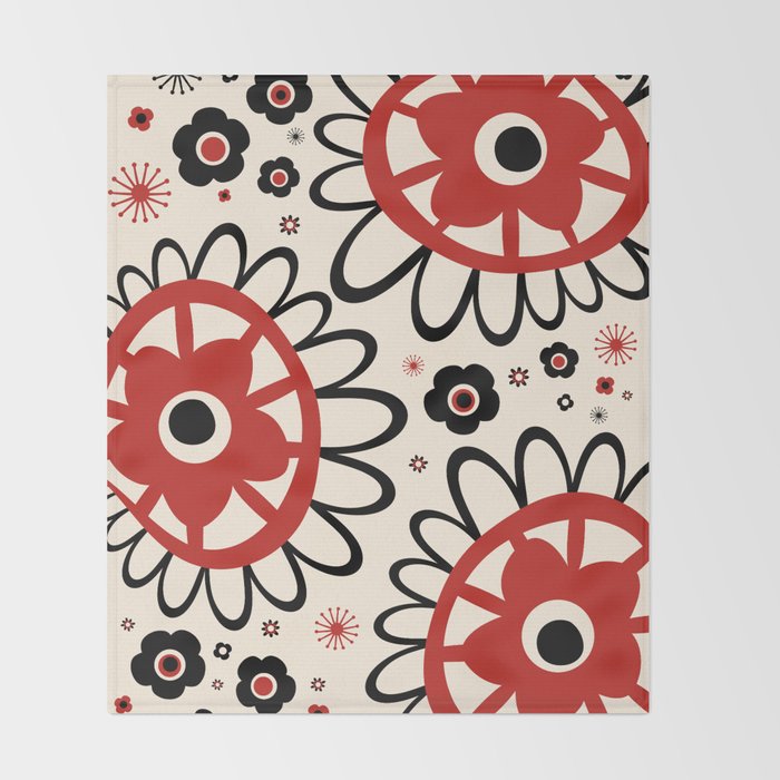 Dulcie Flowers Mid Century Modern Floral Abstract Pattern Red Black Cream Throw Blanket Gallery Image 2
