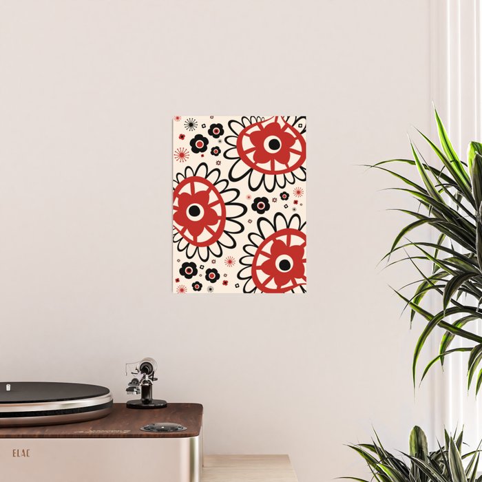 Dulcie Flowers Mid Century Modern Floral Abstract Pattern Red Black Cream Poster Gallery Image 2