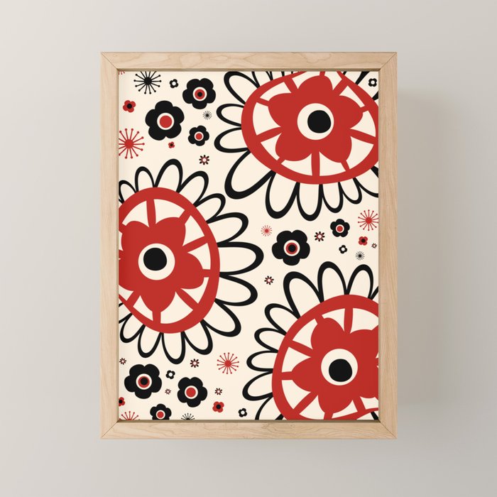 Dulcie Flowers Mid Century Modern Floral Abstract Pattern Red Black Cream Mini Art Print Gallery Image 1