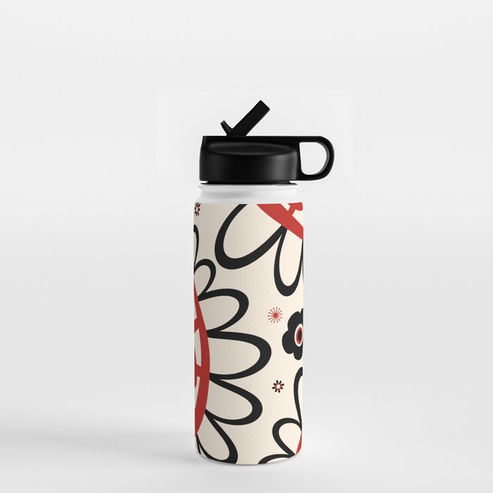 Dulcie Flowers Mid Century Modern Floral Abstract Pattern Red Black Cream Water Bottle Gallery Image 1