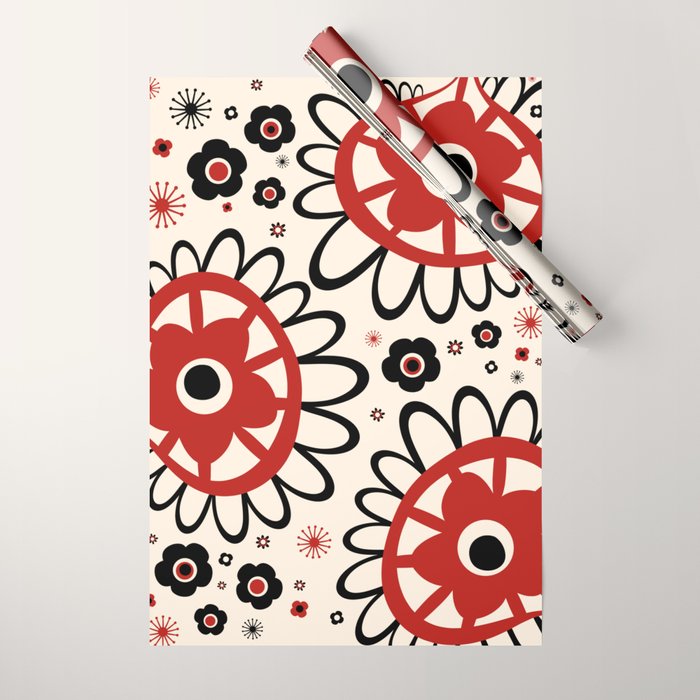 Dulcie Flowers Mid Century Modern Floral Abstract Pattern Red Black Cream Wrapping Paper Gallery Image 1