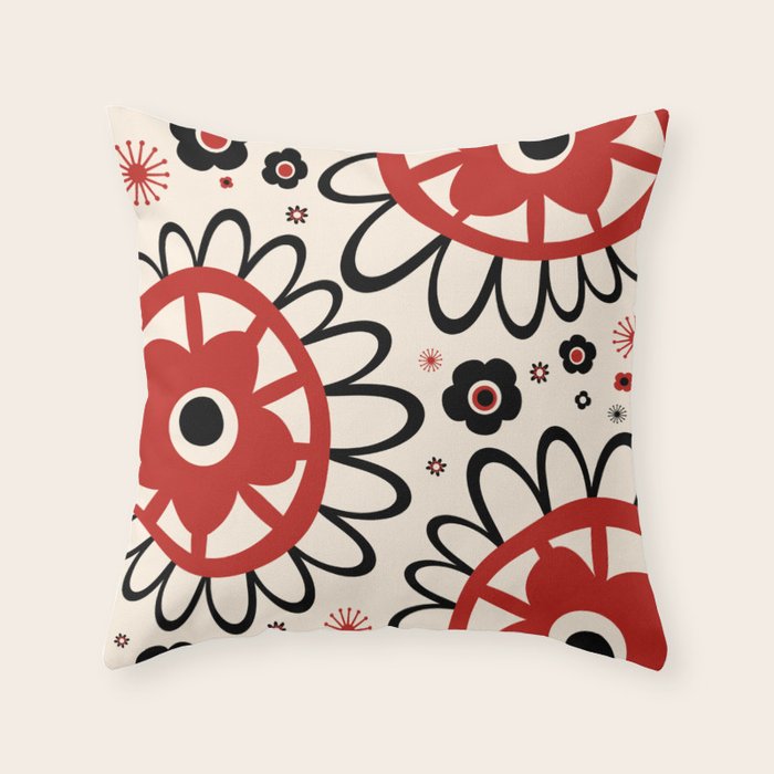 Dulcie Flowers Mid Century Modern Floral Abstract Pattern Red Black Cream Throw Pillow Gallery Image 6