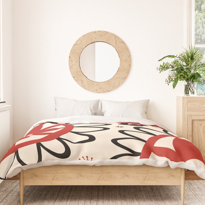 Dulcie Flowers Mid Century Modern Floral Abstract Pattern Red Black Cream Duvet Cover Gallery Image 3