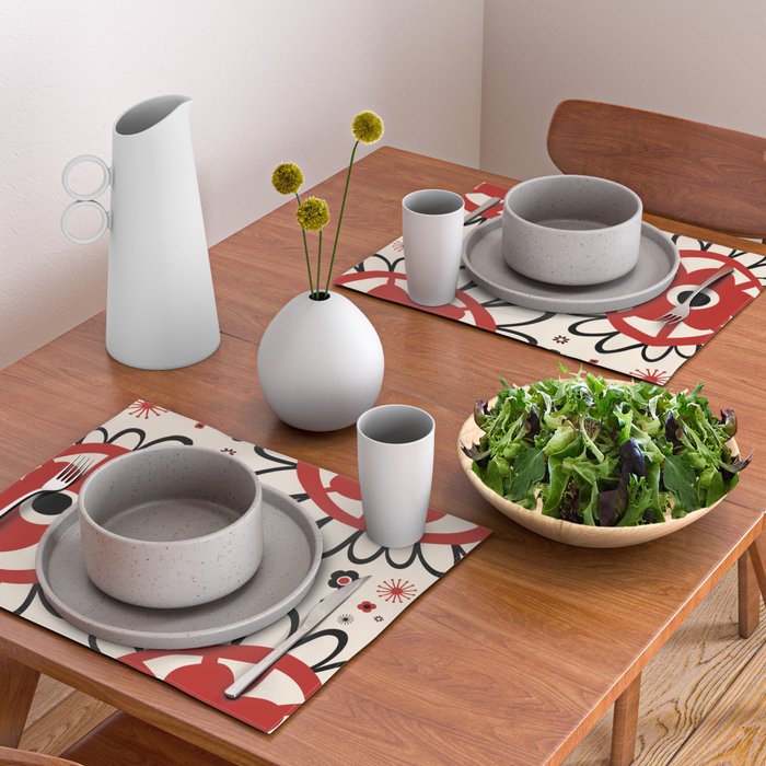 Dulcie Flowers Mid Century Modern Floral Abstract Pattern Red Black Cream Placemat Gallery Image 2