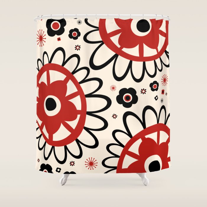 Dulcie Flowers Mid Century Modern Floral Abstract Pattern Red Black Cream Shower Curtain Gallery Image 1