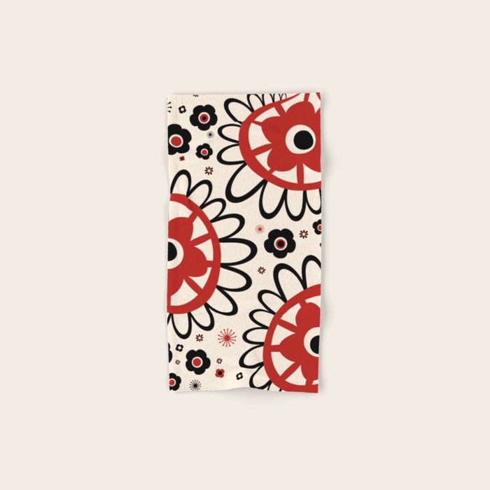 Dulcie Flowers Mid Century Modern Floral Abstract Pattern Red Black Cream Bath Towel Gallery Image 1