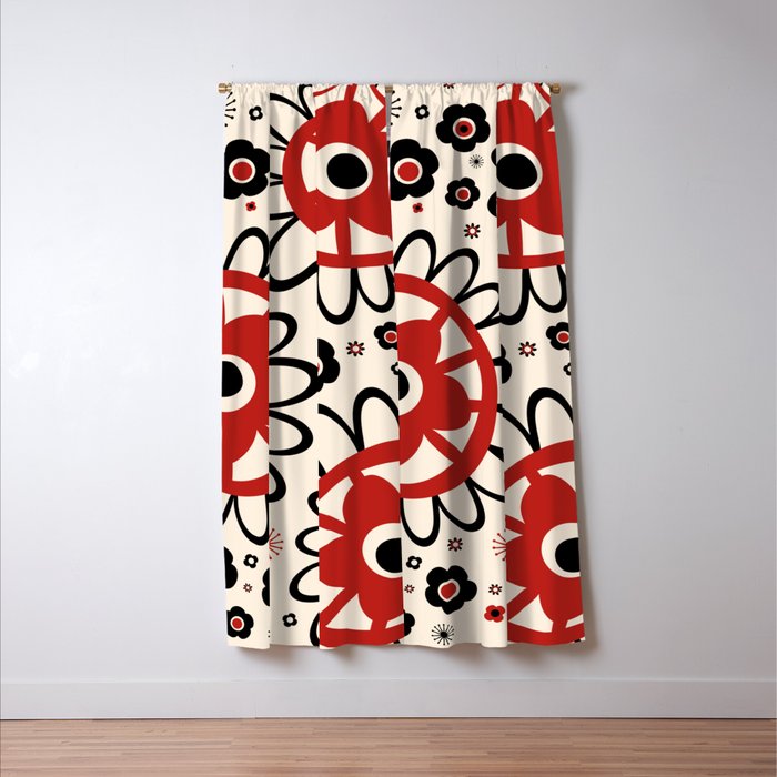 Dulcie Flowers Mid Century Modern Floral Abstract Pattern Red Black Cream Window Curtain Gallery Image 3