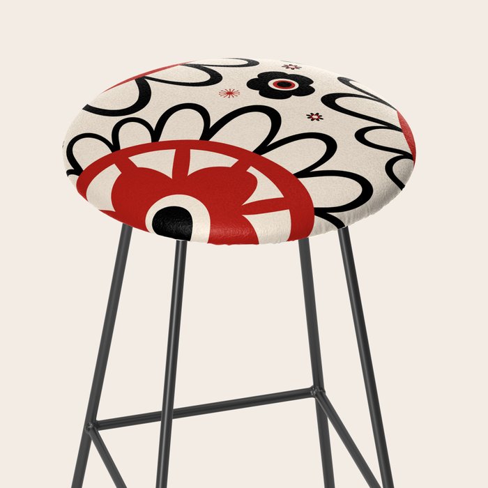 Dulcie Flowers Mid Century Modern Floral Abstract Pattern Red Black Cream Stool Gallery Image 2
