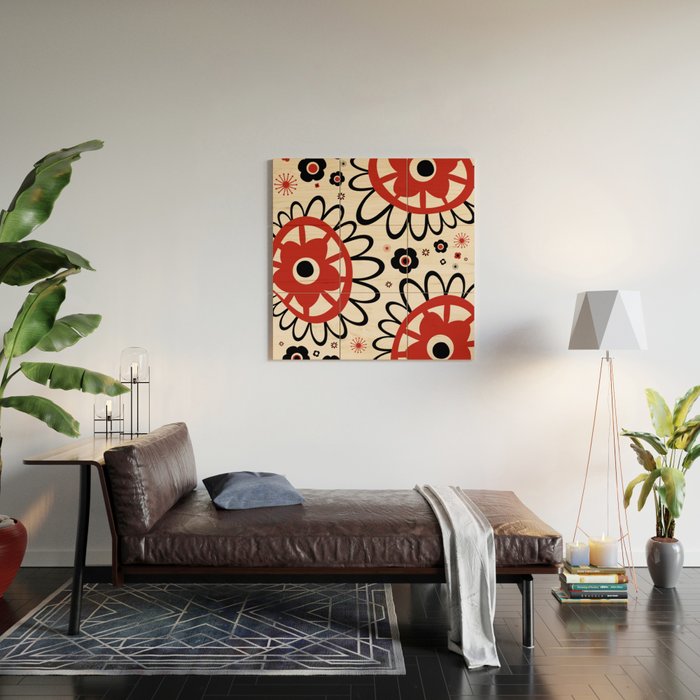 Dulcie Flowers Mid Century Modern Floral Abstract Pattern Red Black Cream Wood Wall Art Gallery Image 2