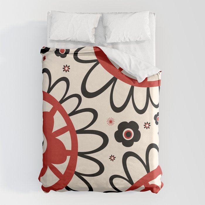 Dulcie Flowers Mid Century Modern Floral Abstract Pattern Red Black Cream Duvet Cover Gallery Image 1