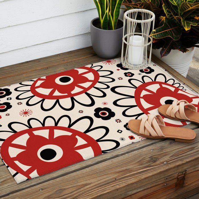 Dulcie Flowers Mid Century Modern Floral Abstract Pattern Red Black Cream Outdoor Rug Gallery Image 2