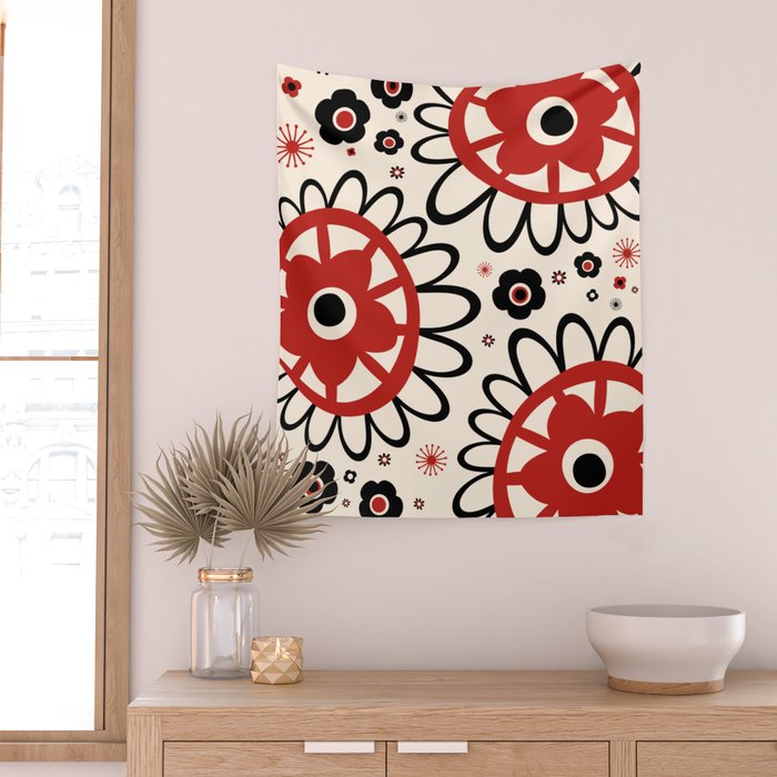 Dulcie Flowers Mid Century Modern Floral Abstract Pattern Red Black Cream Wall Tapestry Gallery Image 2