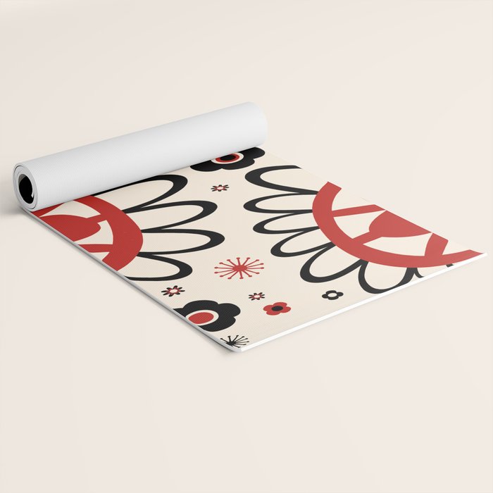 Dulcie Flowers Mid Century Modern Floral Abstract Pattern Red Black Cream Yoga Mat Gallery Image 2