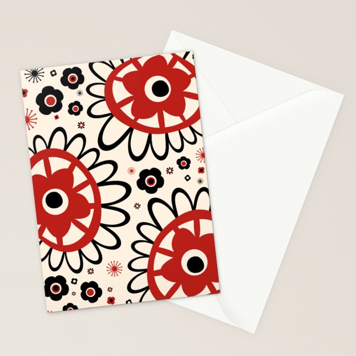 Dulcie Flowers Mid Century Modern Floral Abstract Pattern Red Black Cream Stationery Card Gallery Image 2
