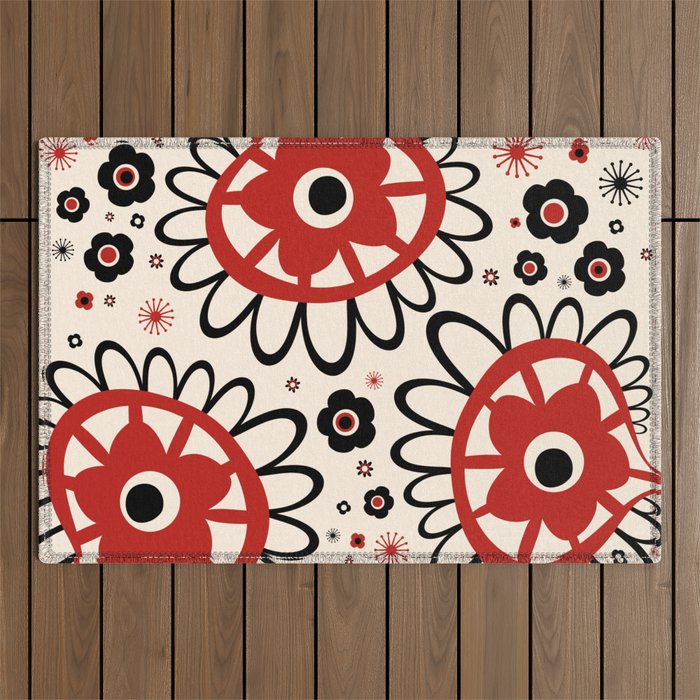 Dulcie Flowers Mid Century Modern Floral Abstract Pattern Red Black Cream Outdoor Rug Gallery Image 1