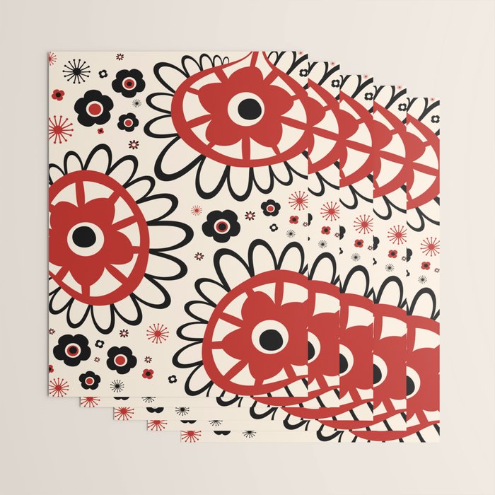 Dulcie Flowers Mid Century Modern Floral Abstract Pattern Red Black Cream Wrapping Paper Gallery Image 3