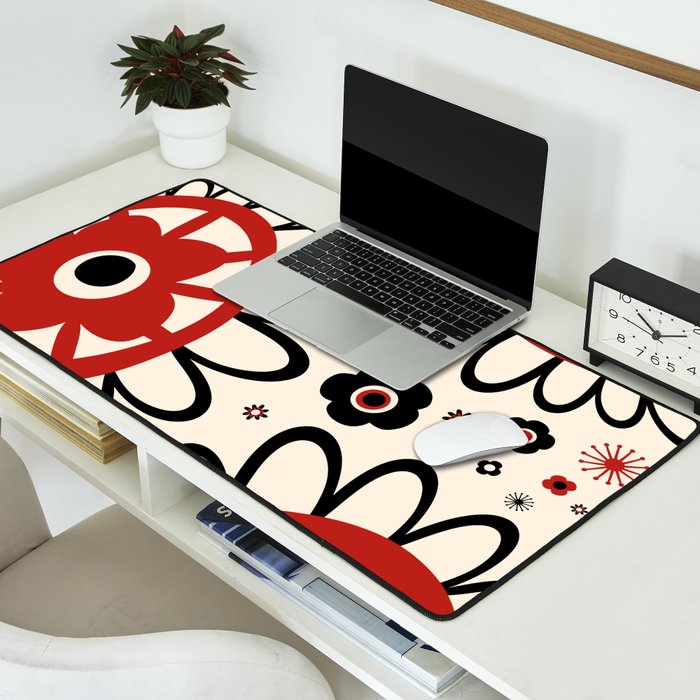 Dulcie Flowers Mid Century Modern Floral Abstract Pattern Red Black Cream Desk Mat Gallery Image 2