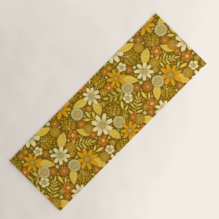 1970s Retro Flowers Pattern in Yellow, Orange & Olive Green Yoga Mat Gallery Image 1