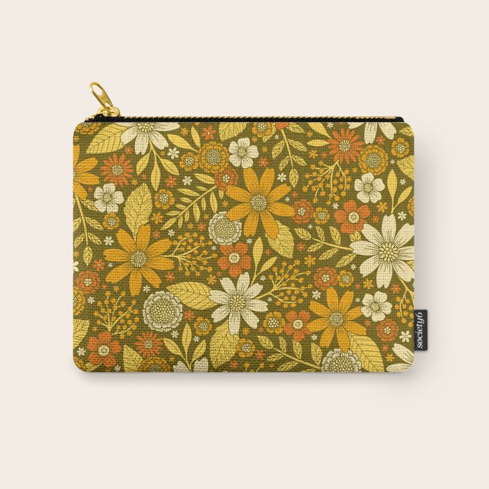 1970s Retro Flowers Pattern in Yellow, Orange & Olive Green Carry All Pouch