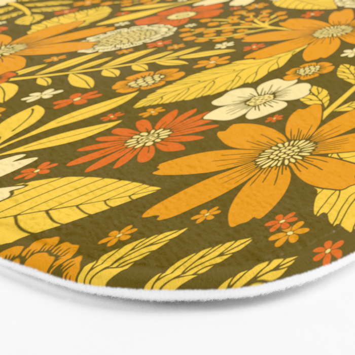 1970s Retro Flowers Pattern in Yellow, Orange & Olive Green Bath Mat Gallery Image 3