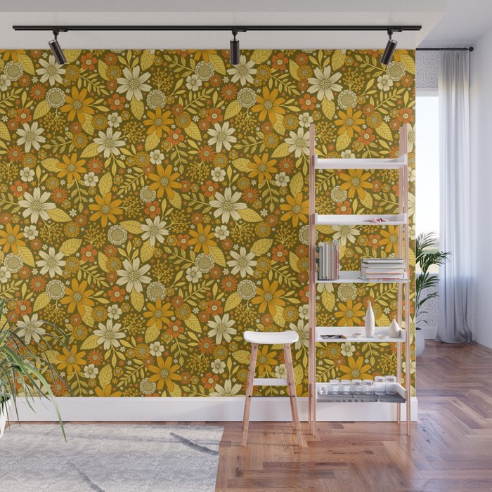 1970s Retro Flowers Pattern in Yellow, Orange & Olive Green Wall Mural Gallery Image 1