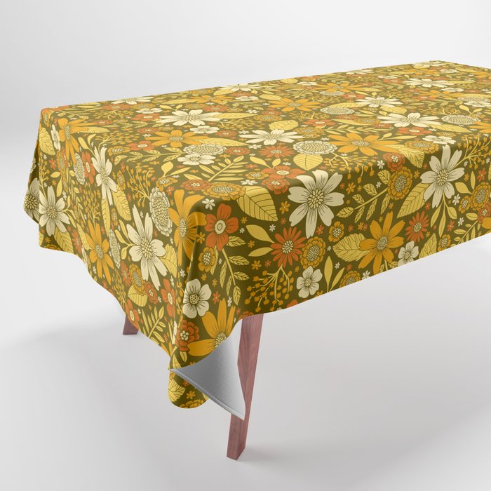 1970s Retro Flowers Pattern in Yellow, Orange & Olive Green Tablecloth Gallery Image 1