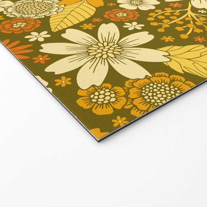 1970s Retro Flowers Pattern in Yellow, Orange & Olive Green Welcome Mat Gallery Image 2