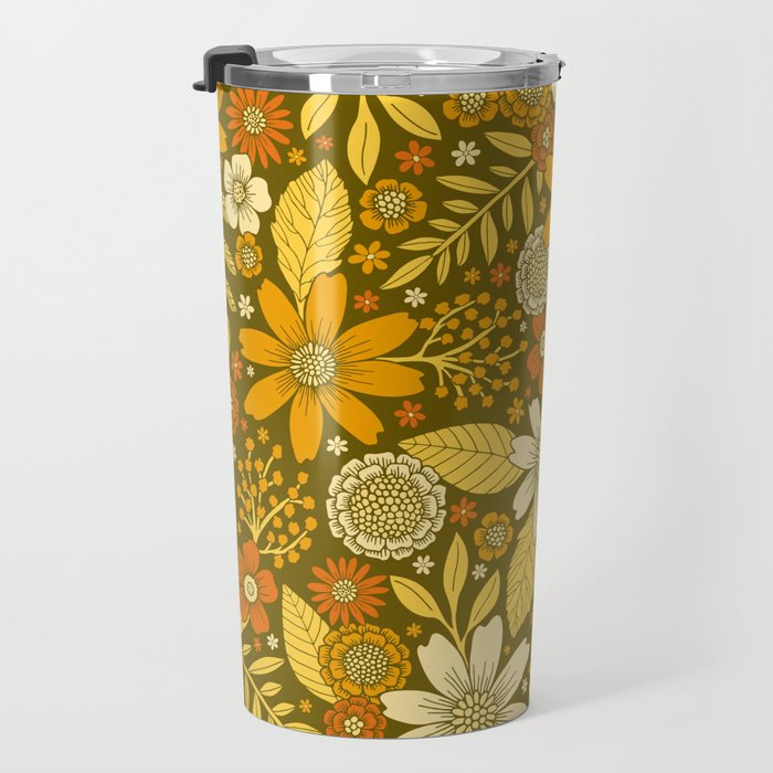 1970s Retro Flowers Pattern in Yellow, Orange & Olive Green Travel Mug Gallery Image 3