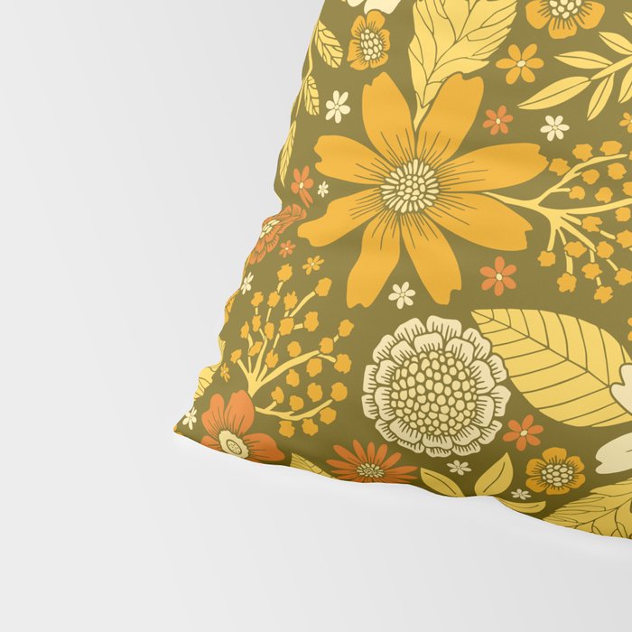 1970s Retro Flowers Pattern in Yellow, Orange & Olive Green Pillow Sham Gallery Image 4