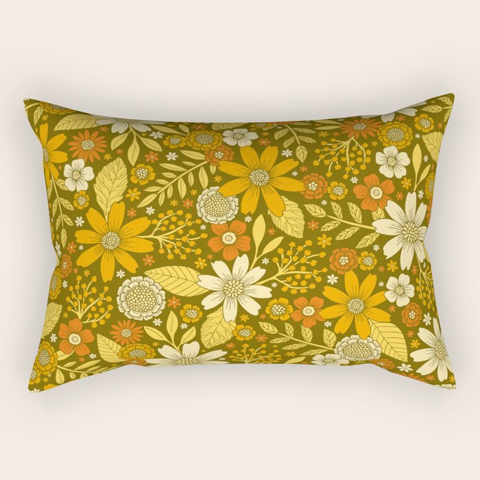 1970s Retro Flowers Pattern in Yellow, Orange & Olive Green Rectangular Pillow Gallery Image 2