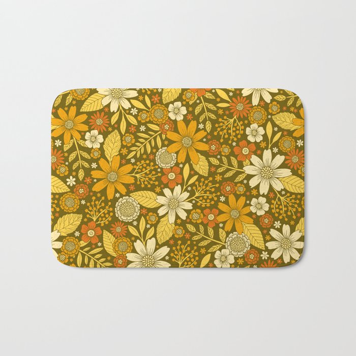 1970s Retro Flowers Pattern in Yellow, Orange & Olive Green Bath Mat Gallery Image 1