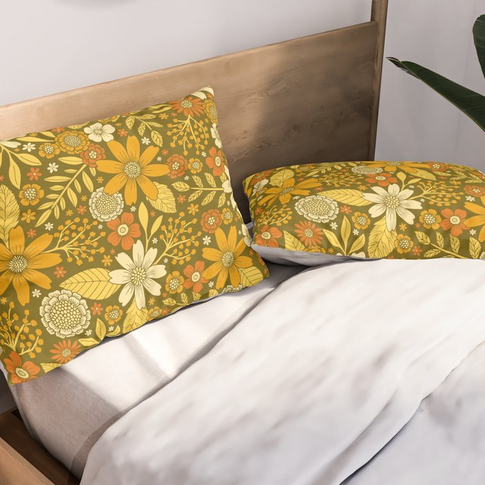 1970s Retro Flowers Pattern in Yellow, Orange & Olive Green Pillow Sham Gallery Image 2