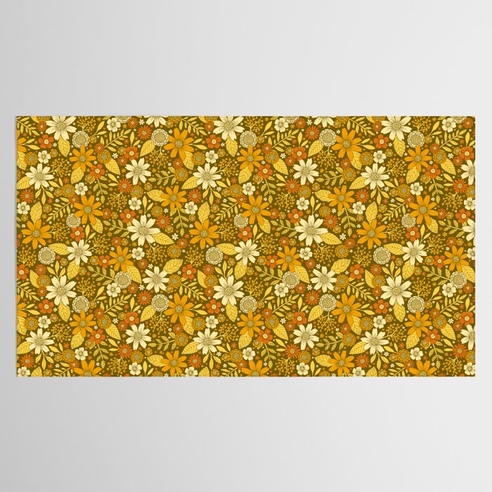 1970s Retro Flowers Pattern in Yellow, Orange & Olive Green Tablecloth Gallery Image 2