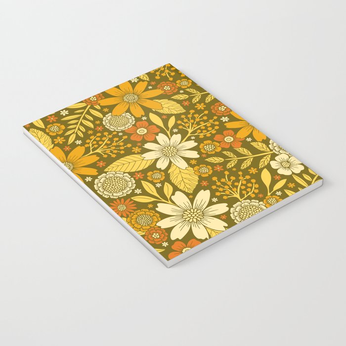 1970s Retro Flowers Pattern in Yellow, Orange & Olive Green Notebook Gallery Image 3