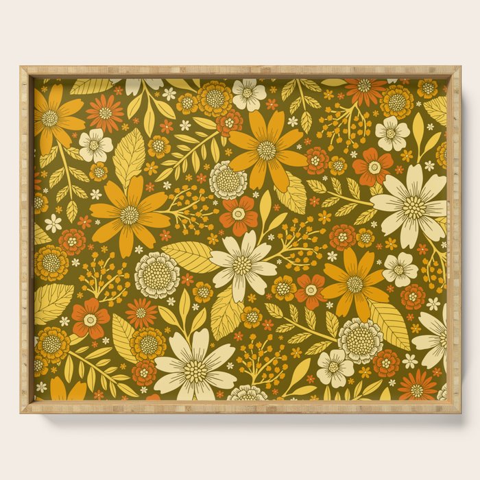 1970s Retro Flowers Pattern in Yellow, Orange & Olive Green Serving Tray Gallery Image 1