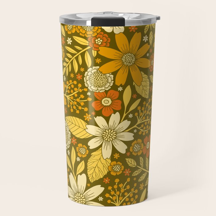 1970s Retro Flowers Pattern in Yellow, Orange & Olive Green Travel Mug Gallery Image 1