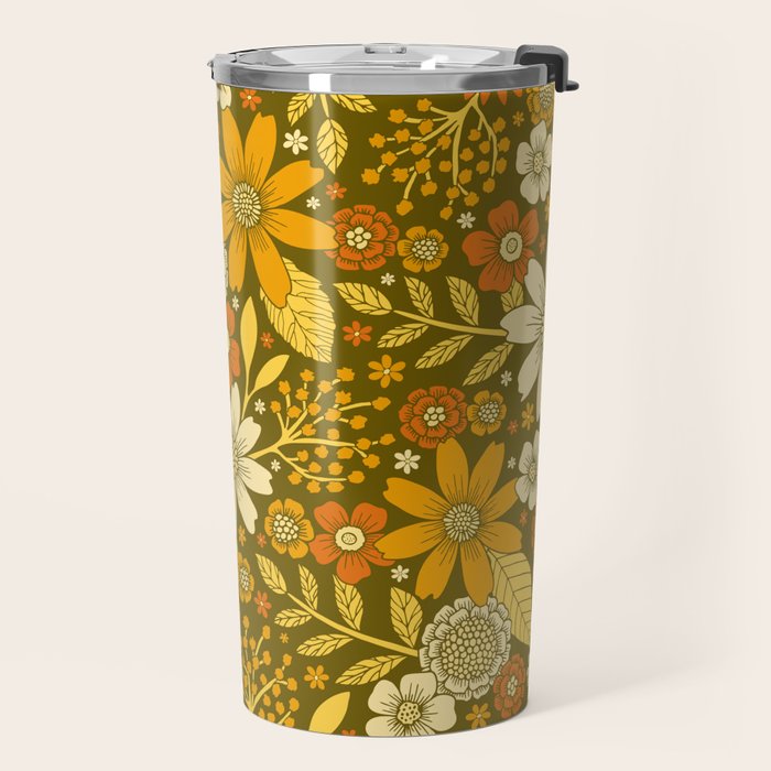 1970s Retro Flowers Pattern in Yellow, Orange & Olive Green Travel Mug Gallery Image 2