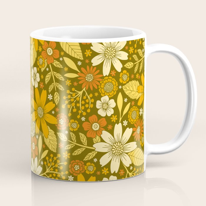 1970s Retro Flowers Pattern in Yellow, Orange & Olive Green Coffee Mug Gallery Image 1