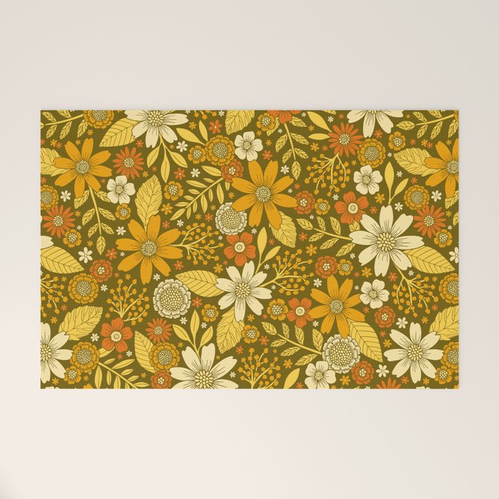 1970s Retro Flowers Pattern in Yellow, Orange & Olive Green Welcome Mat Gallery Image 1