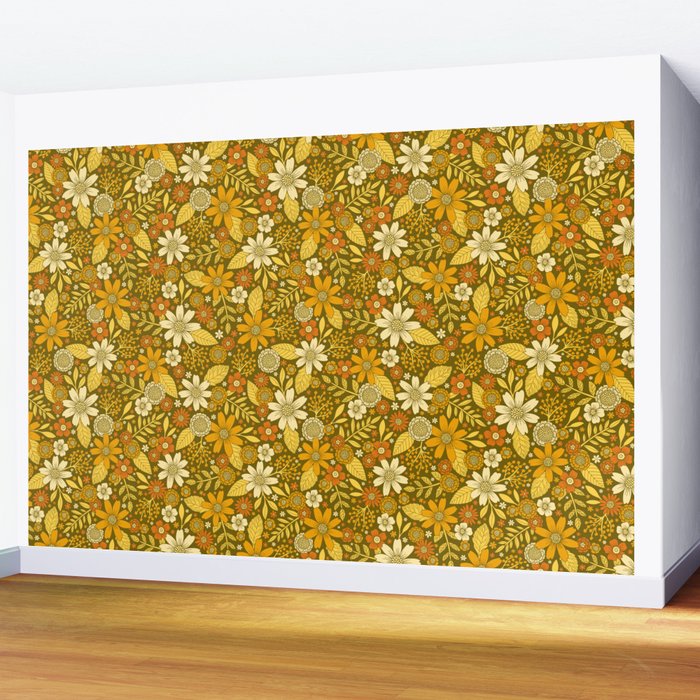 1970s Retro Flowers Pattern in Yellow, Orange & Olive Green Wall Mural Gallery Image 2