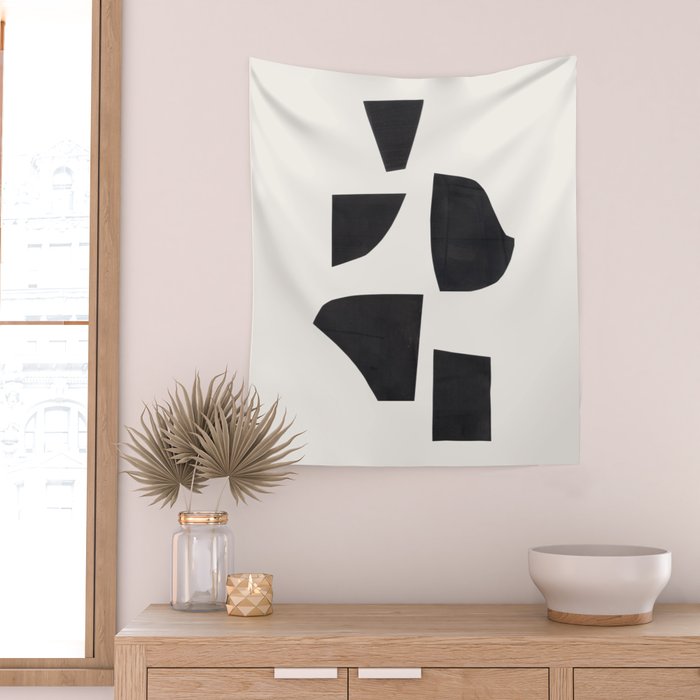 Bump & Kiss Minimalist Modern Mid Century Black Organic Shapes Pattern Paper Collage Wall Tapestry Gallery Image 2